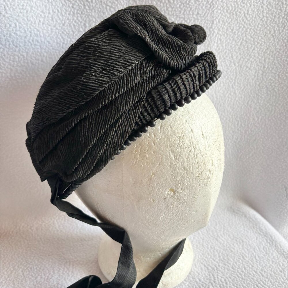 Antique Victorian Black Crepe Beaded Ruched Bonnet - Picture 10 of 15